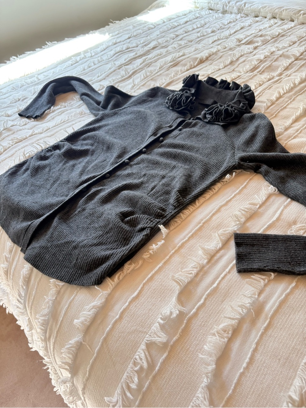 Zara Dark Gray Ruffle-Collar Button Cardigan